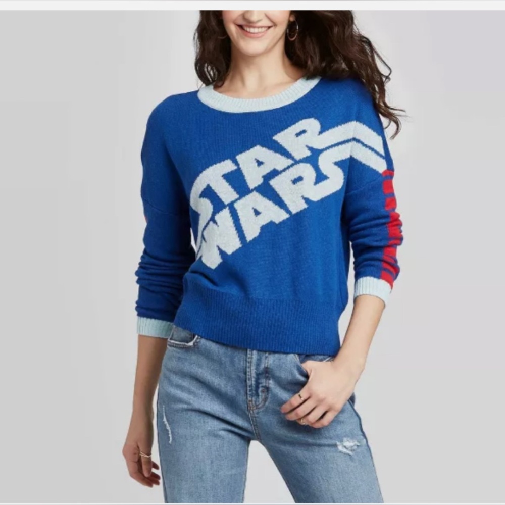 Star Wars Crew Neck Graphic Sweater Blue Size Medium